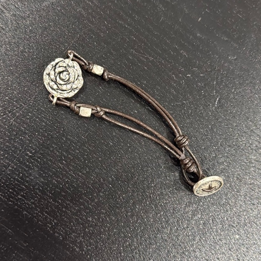 Fossil Leather Bracelet with Metal Flower Charm and Button Close